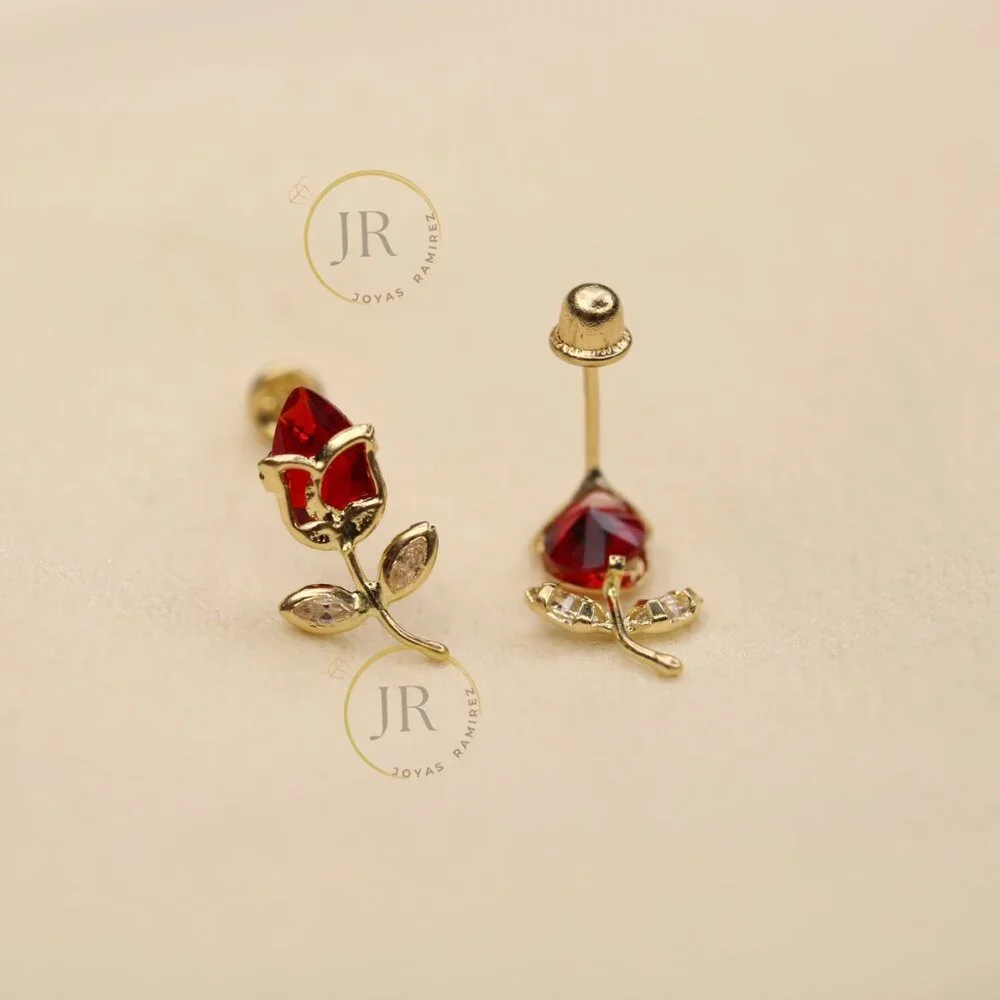 14K Solid Yellow Gold Red Tulip Stud Earrings • Floral Elegance & Passion. - Picture 6 of 11